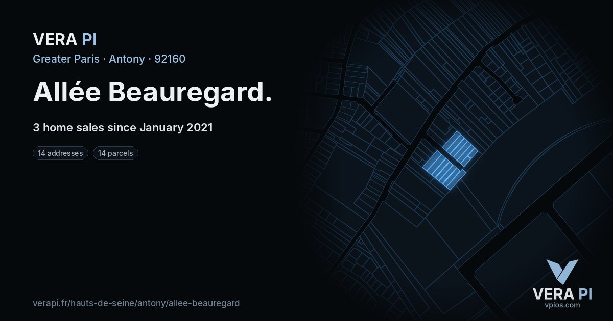 Allée Beauregard, Antony at night – every parcel coloured by the prices around it, the street's own parcels lit