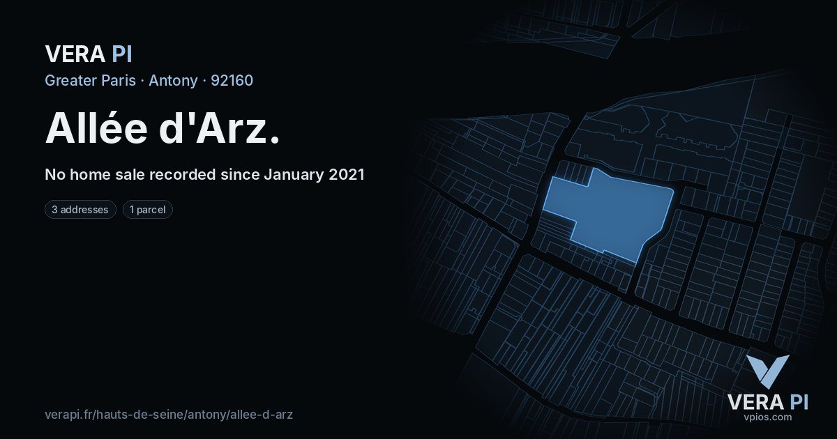 Allée d'Arz, Antony at night – every parcel coloured by the prices around it, the street's own parcels lit