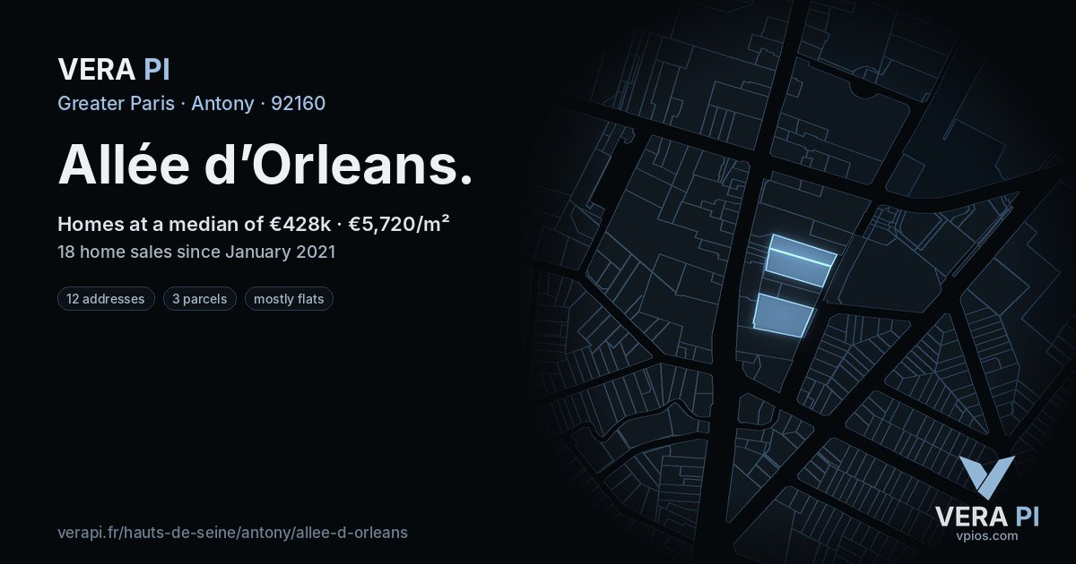 Allée d’Orleans, Antony at night – every parcel coloured by the prices around it, the street's own parcels lit