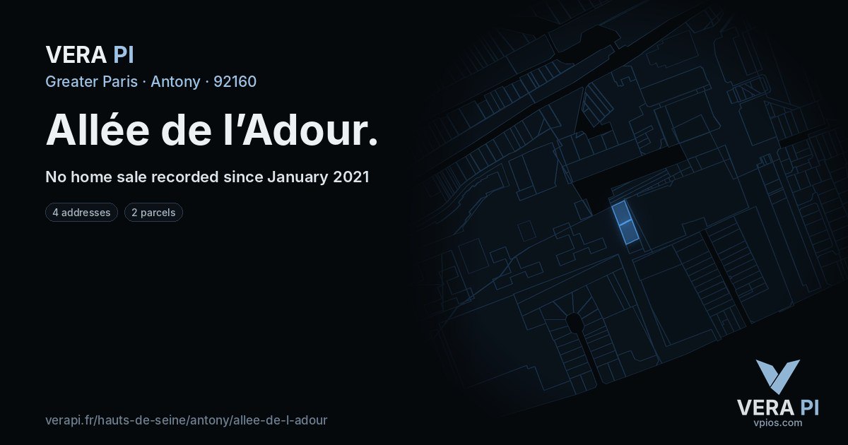 Allée de l’Adour, Antony at night – every parcel coloured by the prices around it, the street's own parcels lit
