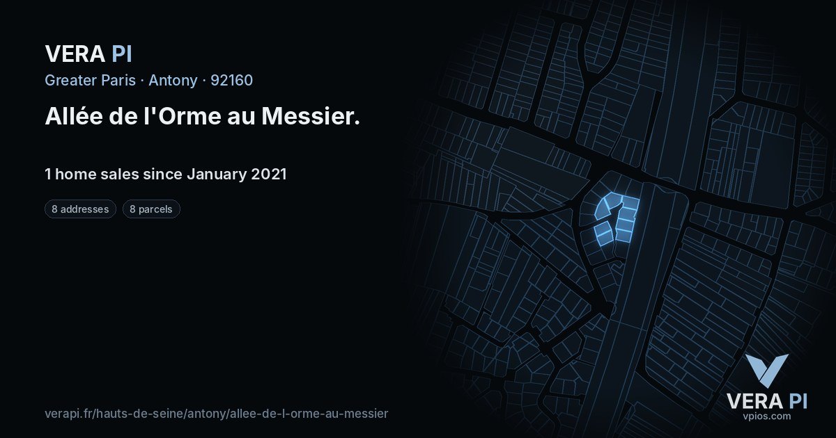 Allée de l'Orme au Messier, Antony at night – every parcel coloured by the prices around it, the street's own parcels lit