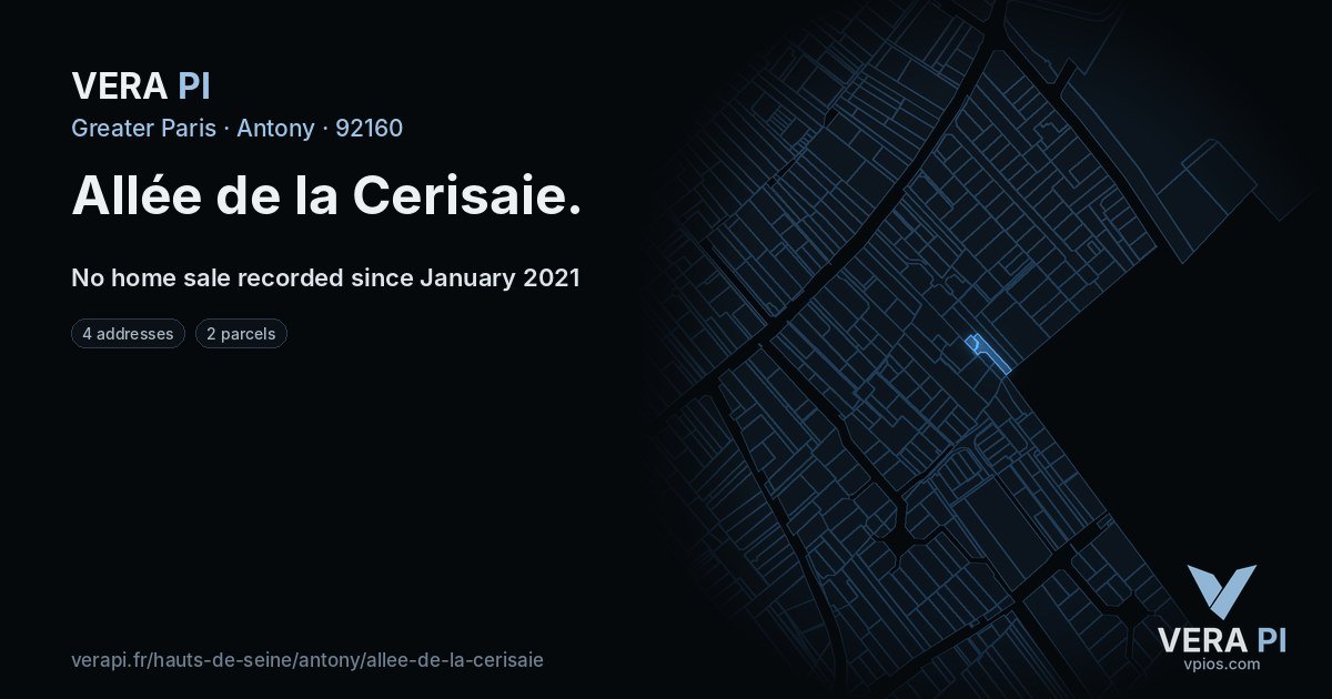 Allée de la Cerisaie, Antony at night – every parcel coloured by the prices around it, the street's own parcels lit