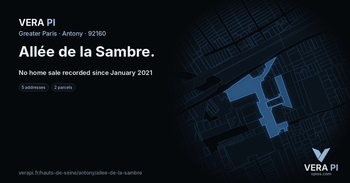Allée de la Sambre, Antony at night – every parcel coloured by the prices around it, the street's own parcels lit