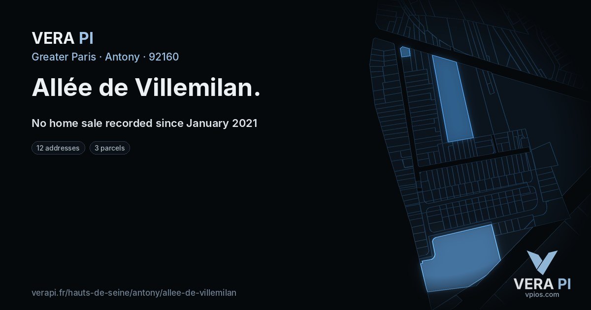 Allée de Villemilan, Antony at night – every parcel coloured by the prices around it, the street's own parcels lit