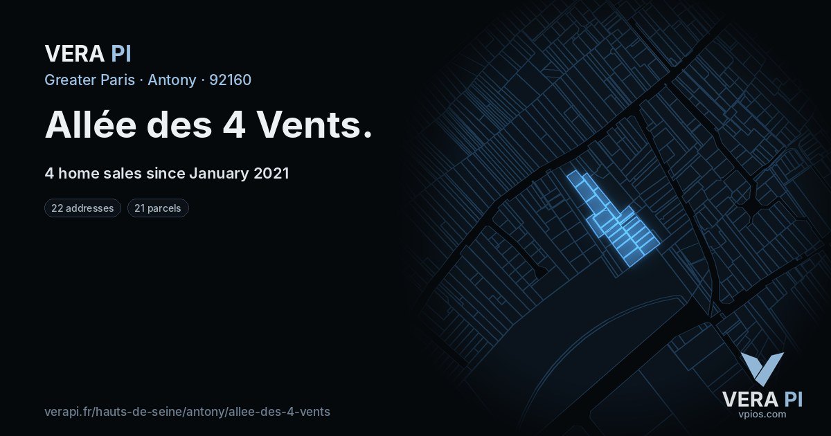 Allée des 4 Vents, Antony at night – every parcel coloured by the prices around it, the street's own parcels lit
