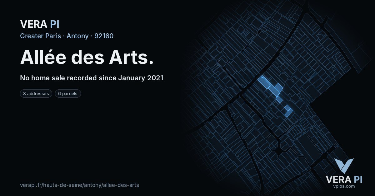 Allée des Arts, Antony at night – every parcel coloured by the prices around it, the street's own parcels lit