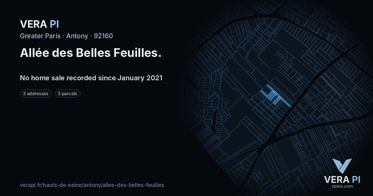 Allée des Belles Feuilles, Antony at night – every parcel coloured by the prices around it, the street's own parcels lit