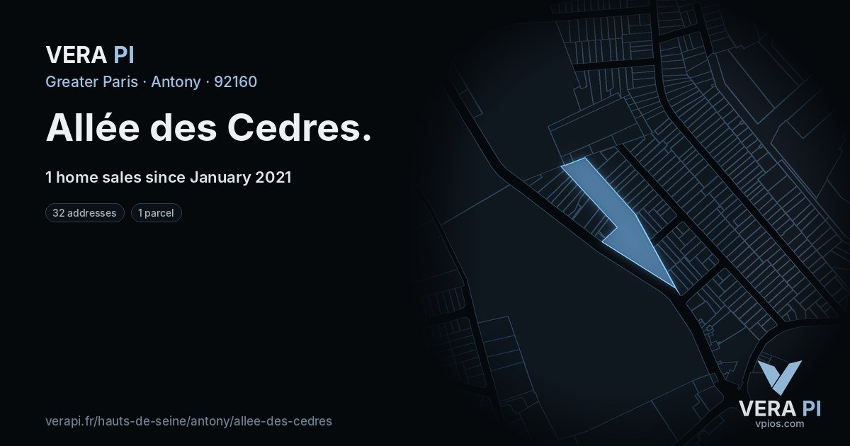 Allée des Cedres, Antony at night – every parcel coloured by the prices around it, the street's own parcels lit