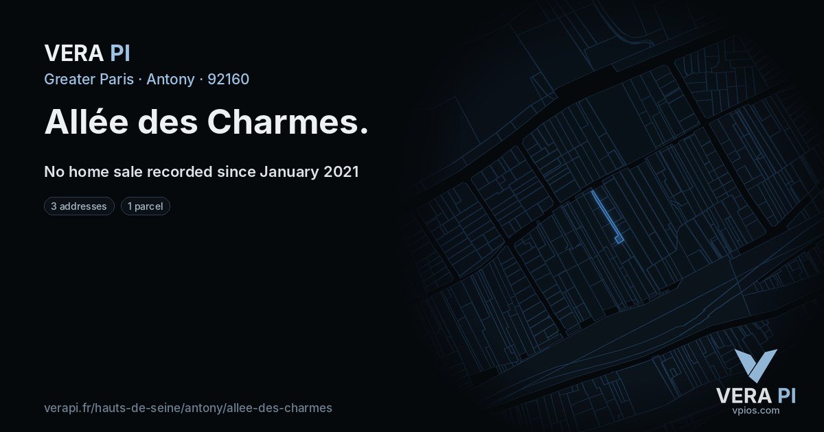 Allée des Charmes, Antony at night – every parcel coloured by the prices around it, the street's own parcels lit