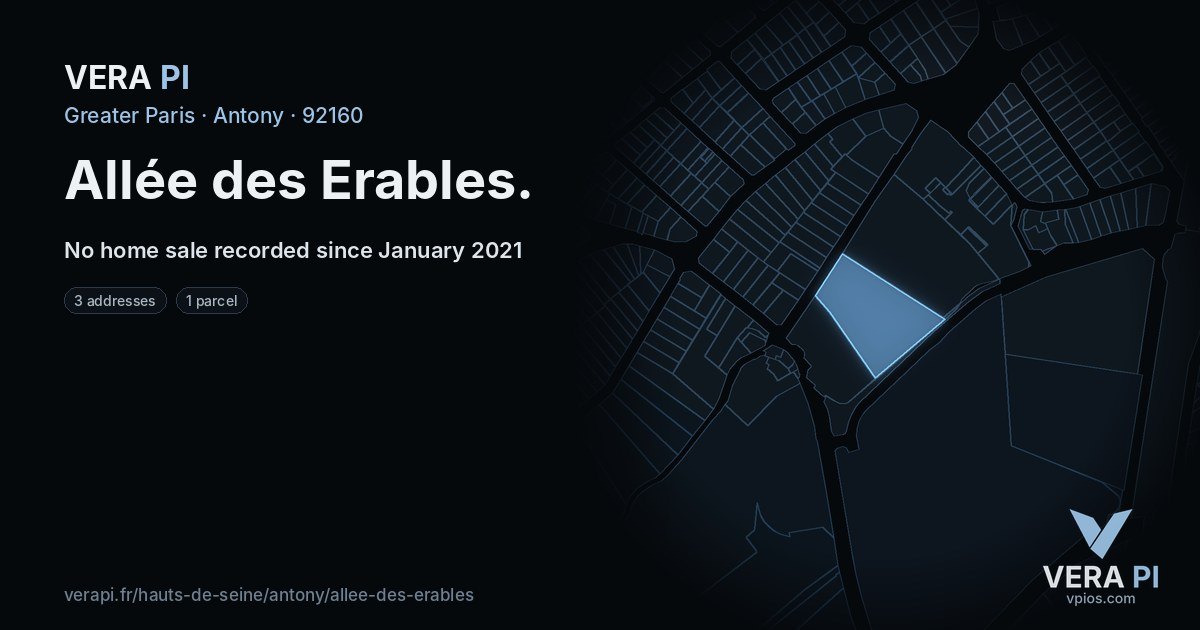 Allée des Erables, Antony at night – every parcel coloured by the prices around it, the street's own parcels lit