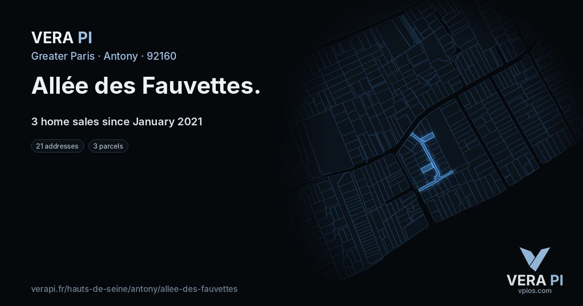 Allée des Fauvettes, Antony at night – every parcel coloured by the prices around it, the street's own parcels lit