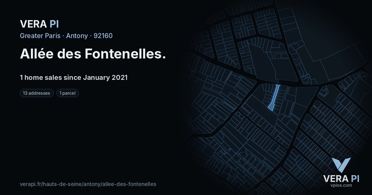 Allée des Fontenelles, Antony at night – every parcel coloured by the prices around it, the street's own parcels lit