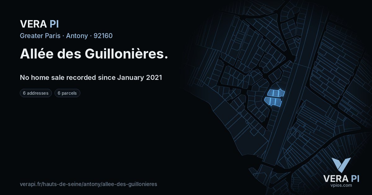 Allée des Guillonières, Antony at night – every parcel coloured by the prices around it, the street's own parcels lit