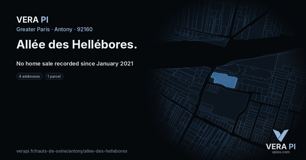 Allée des Hellébores, Antony at night – every parcel coloured by the prices around it, the street's own parcels lit