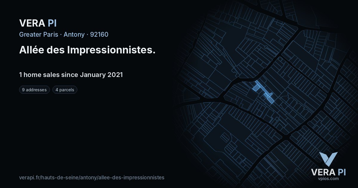 Allée des Impressionnistes, Antony at night – every parcel coloured by the prices around it, the street's own parcels lit