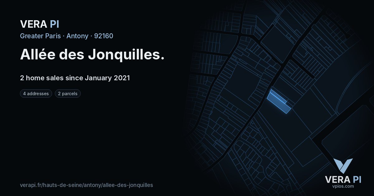 Allée des Jonquilles, Antony at night – every parcel coloured by the prices around it, the street's own parcels lit