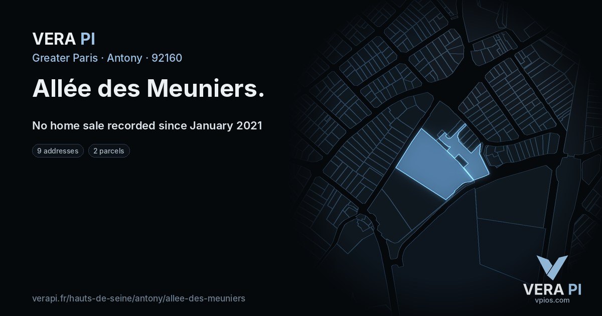 Allée des Meuniers, Antony at night – every parcel coloured by the prices around it, the street's own parcels lit