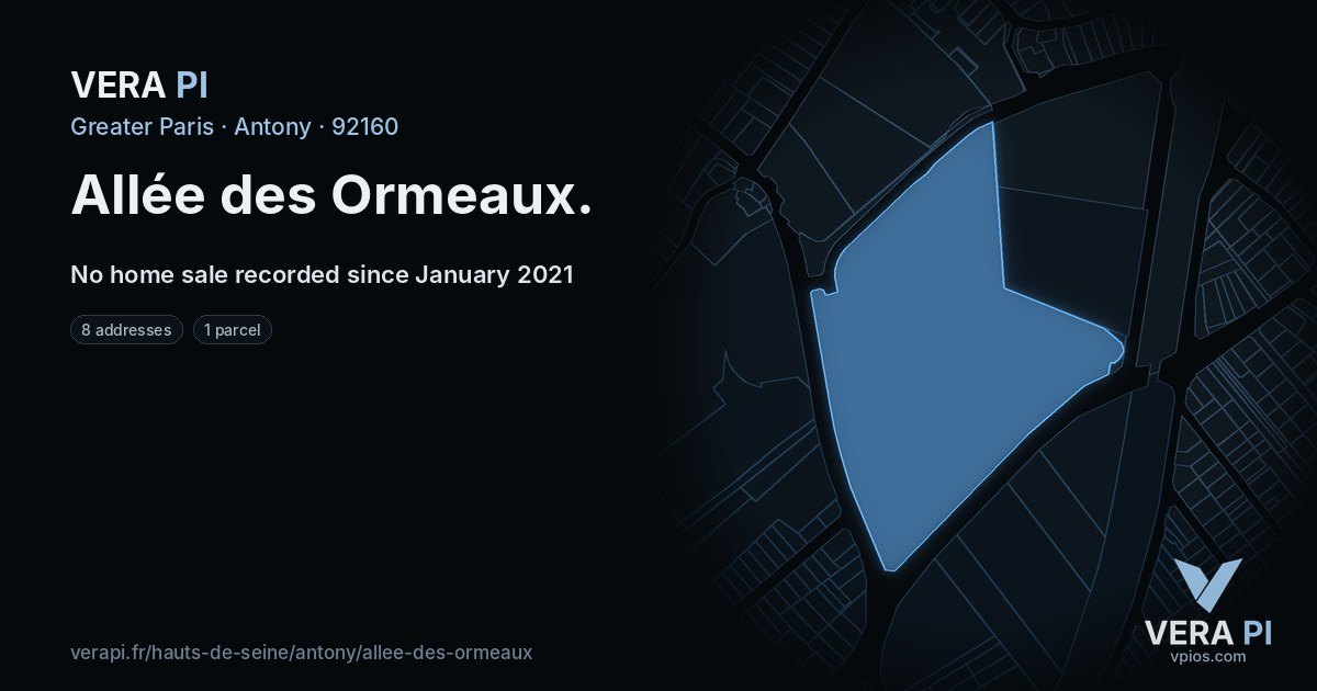Allée des Ormeaux, Antony at night – every parcel coloured by the prices around it, the street's own parcels lit