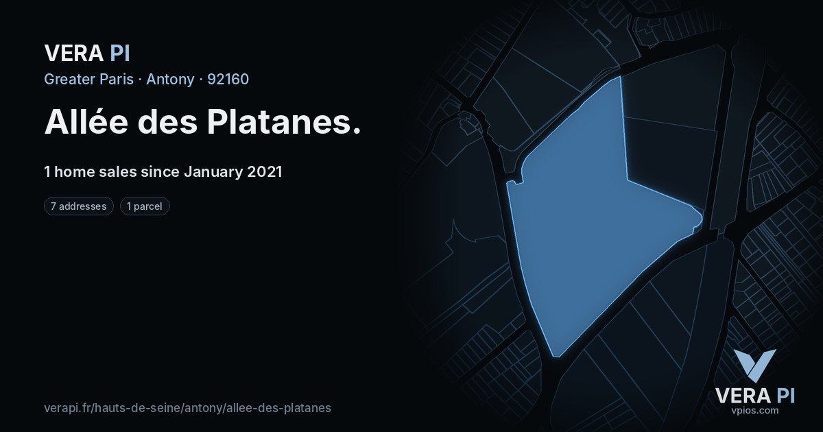 Allée des Platanes, Antony at night – every parcel coloured by the prices around it, the street's own parcels lit
