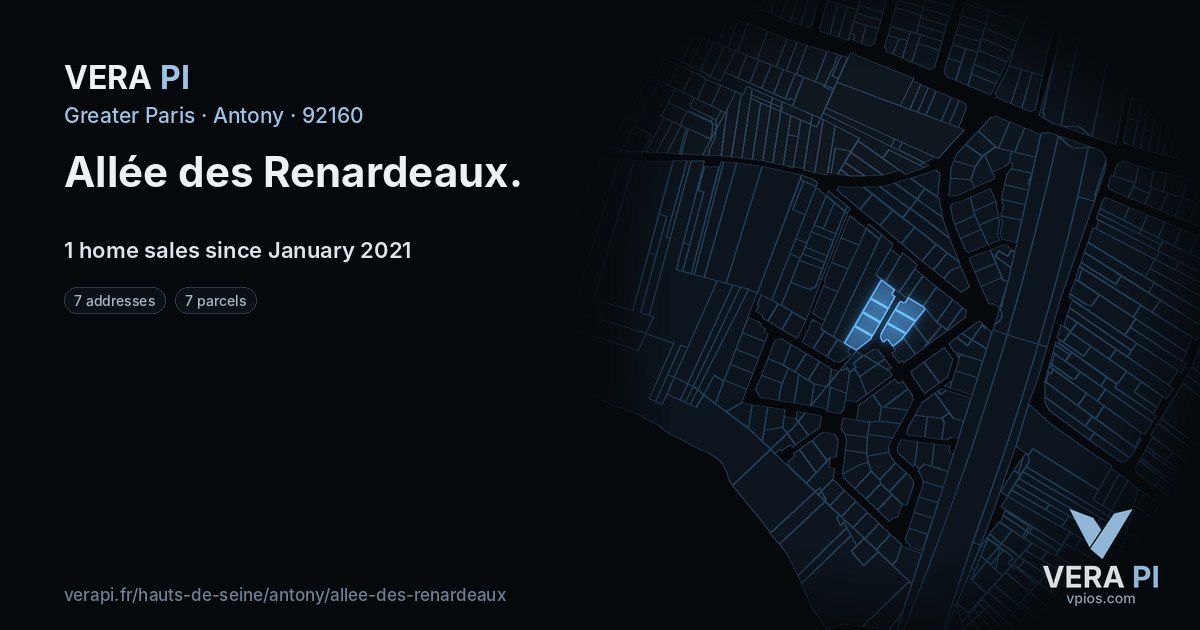 Allée des Renardeaux, Antony at night – every parcel coloured by the prices around it, the street's own parcels lit