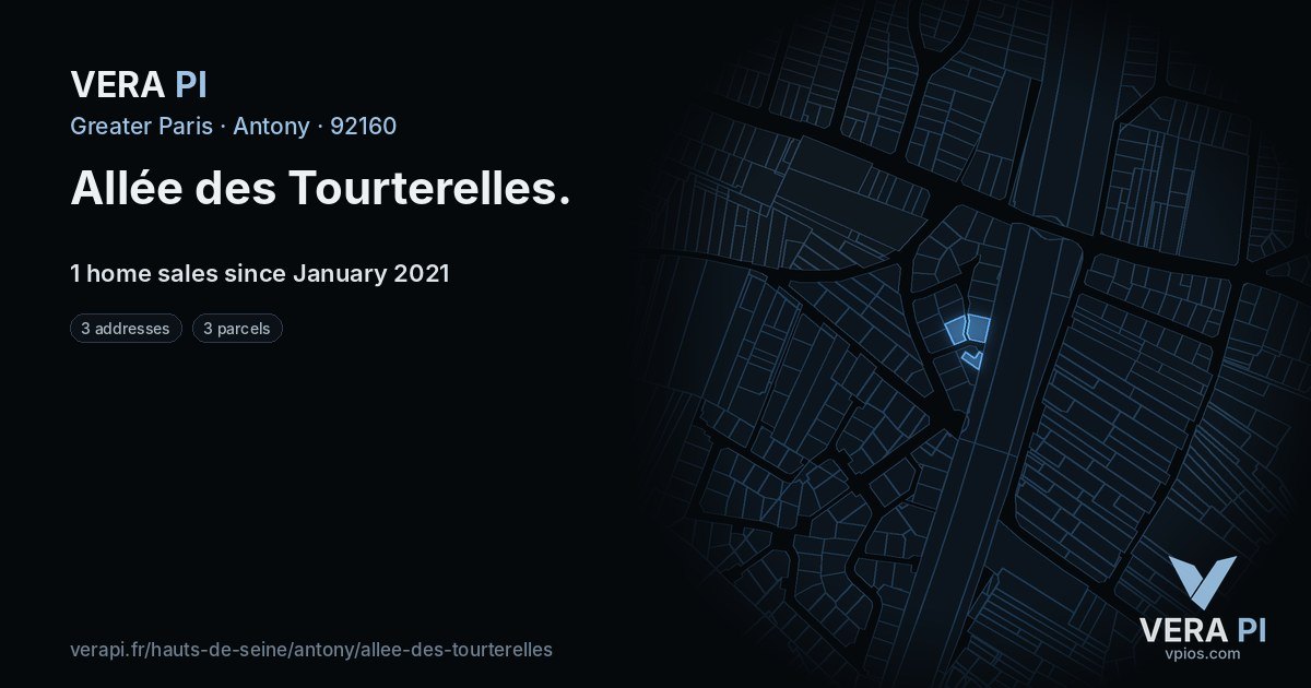 Allée des Tourterelles, Antony at night – every parcel coloured by the prices around it, the street's own parcels lit