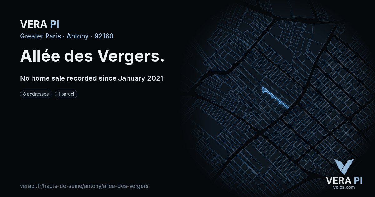 Allée des Vergers, Antony at night – every parcel coloured by the prices around it, the street's own parcels lit