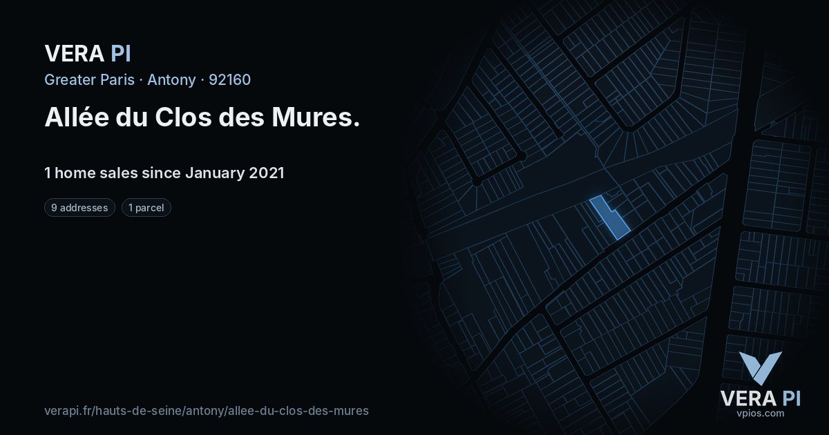 Allée du Clos des Mures, Antony at night – every parcel coloured by the prices around it, the street's own parcels lit