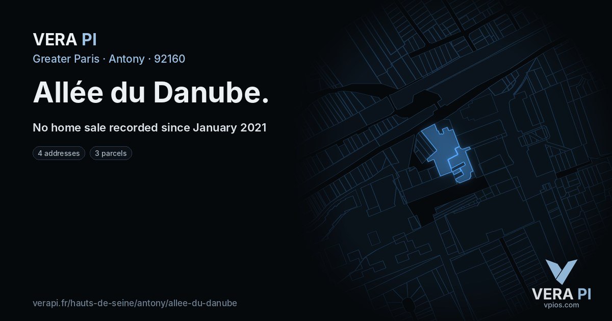 Allée du Danube, Antony at night – every parcel coloured by the prices around it, the street's own parcels lit