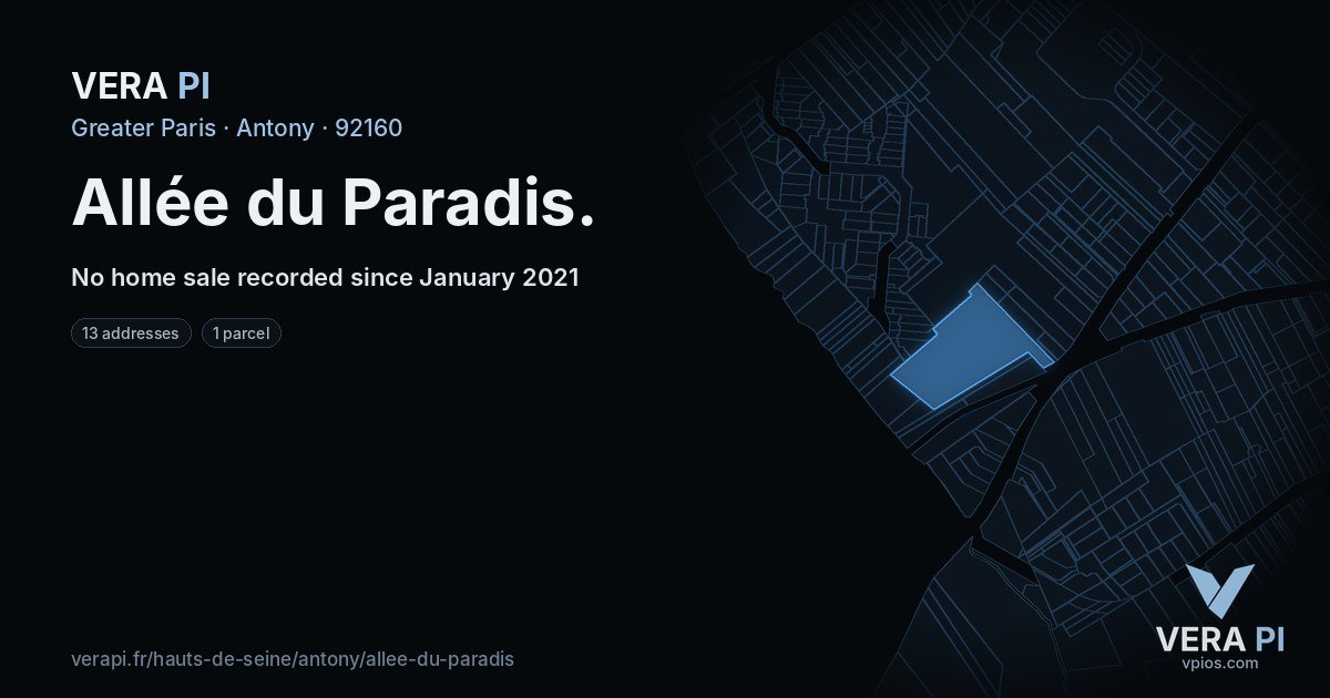 Allée du Paradis, Antony at night – every parcel coloured by the prices around it, the street's own parcels lit