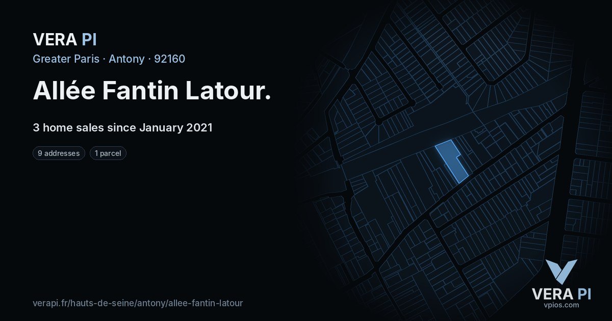 Allée Fantin Latour, Antony at night – every parcel coloured by the prices around it, the street's own parcels lit