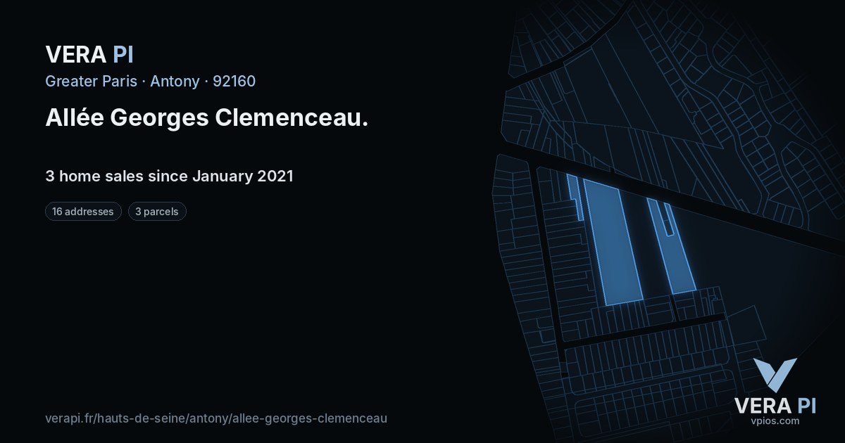 Allée Georges Clemenceau, Antony at night – every parcel coloured by the prices around it, the street's own parcels lit