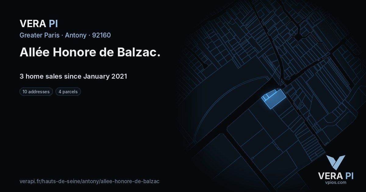Allée Honore de Balzac, Antony at night – every parcel coloured by the prices around it, the street's own parcels lit