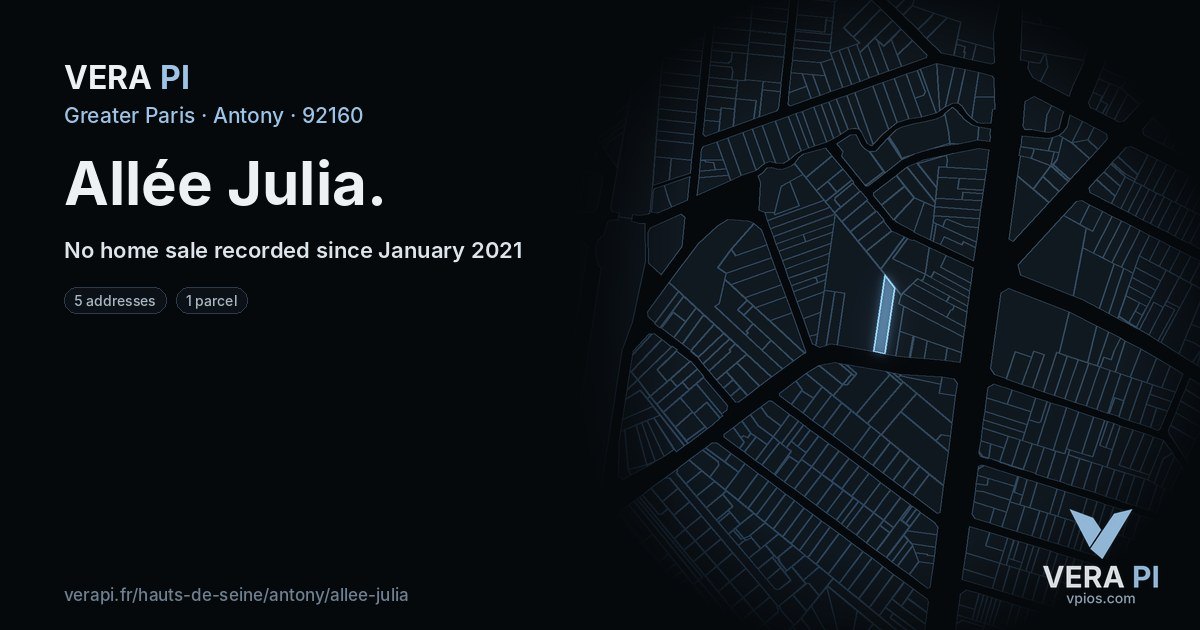 Allée Julia, Antony at night – every parcel coloured by the prices around it, the street's own parcels lit