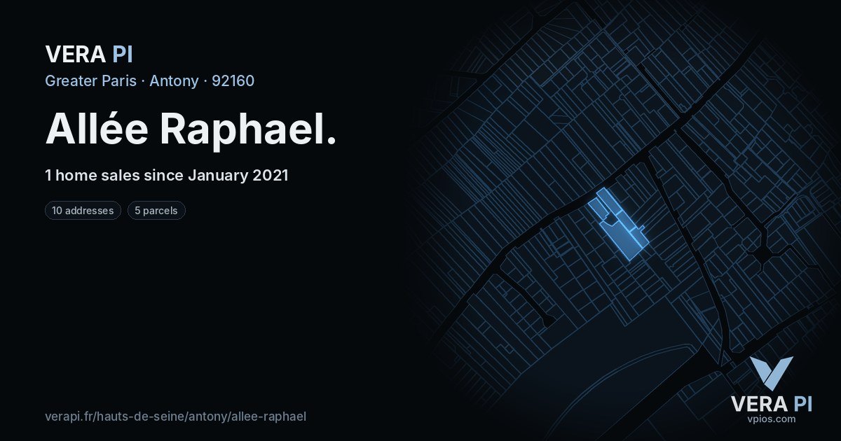 Allée Raphael, Antony at night – every parcel coloured by the prices around it, the street's own parcels lit