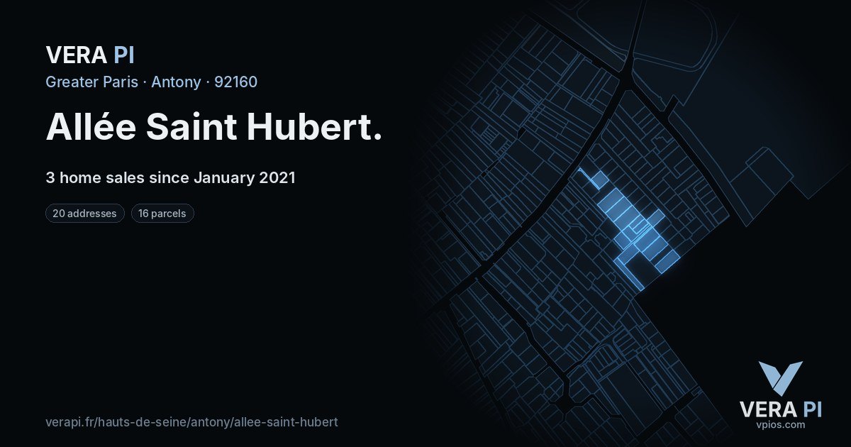 Allée Saint Hubert, Antony at night – every parcel coloured by the prices around it, the street's own parcels lit
