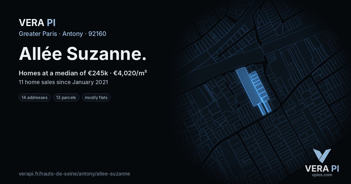 Allée Suzanne, Antony at night – every parcel coloured by the prices around it, the street's own parcels lit
