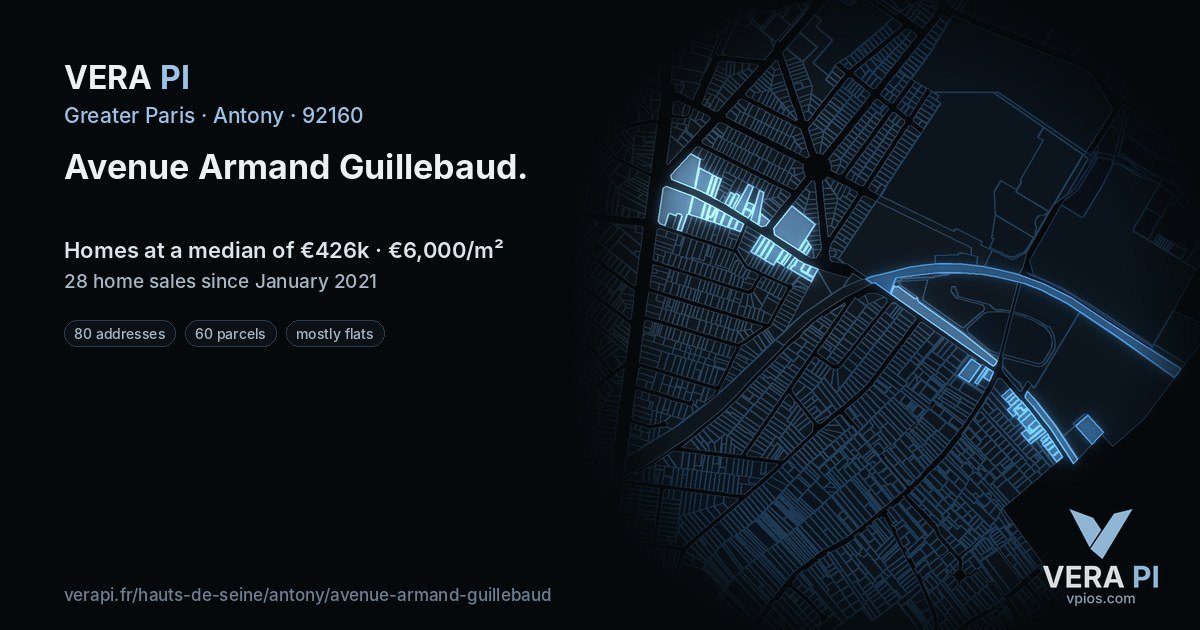 Avenue Armand Guillebaud, Antony at night – every parcel coloured by the prices around it, the street's own parcels lit