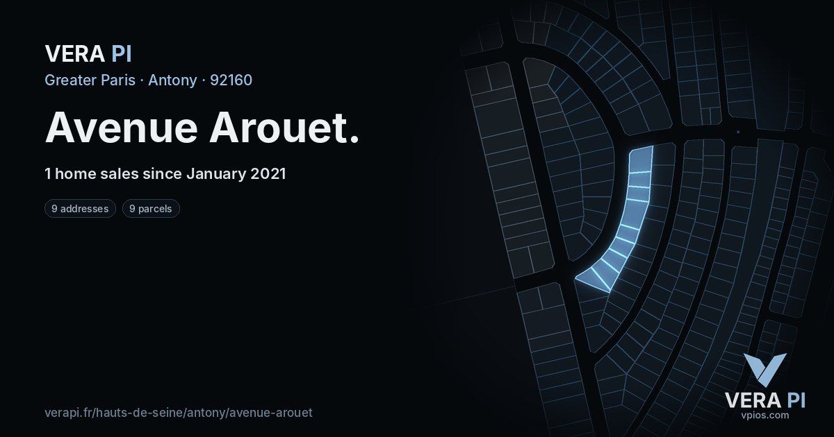 Avenue Arouet, Antony at night – every parcel coloured by the prices around it, the street's own parcels lit