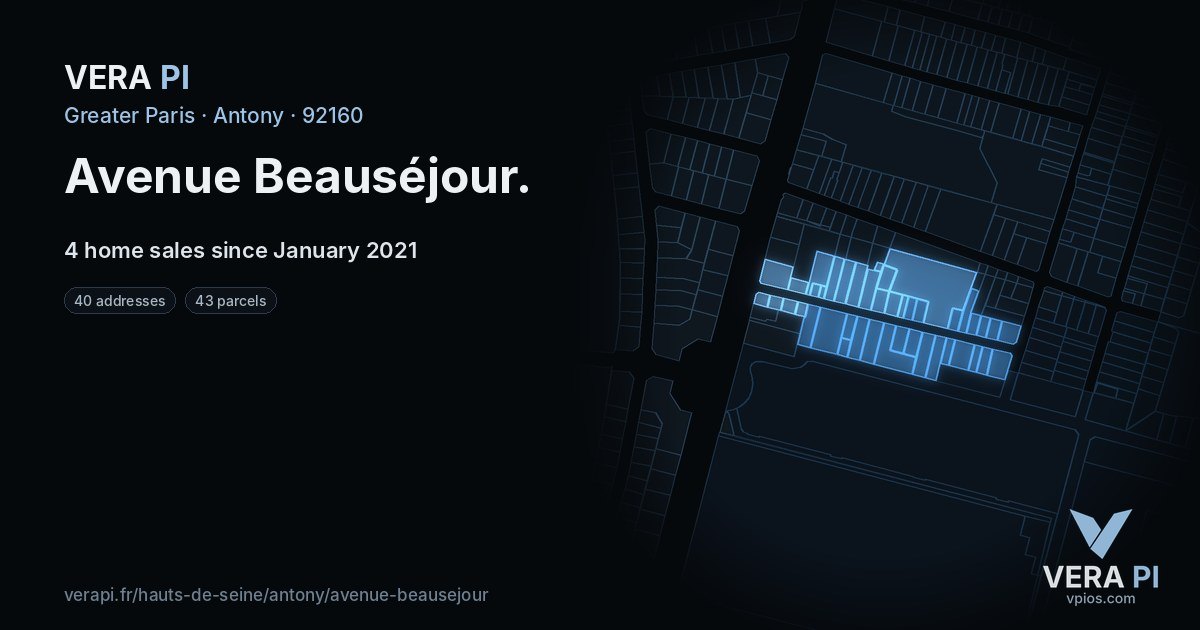 Avenue Beauséjour, Antony at night – every parcel coloured by the prices around it, the street's own parcels lit