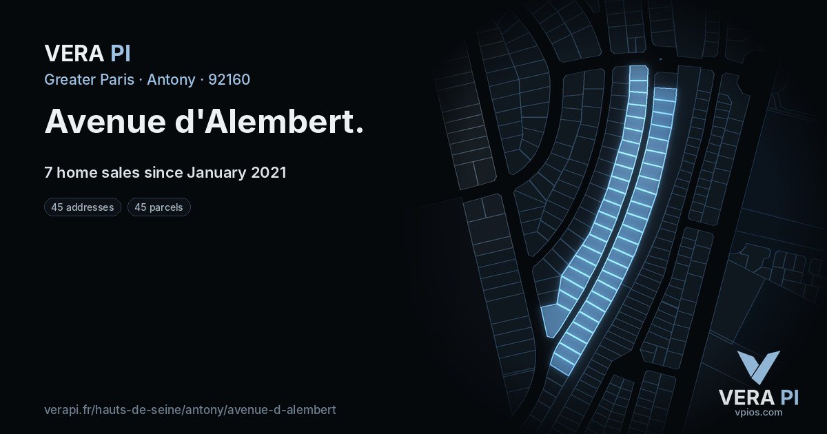 Avenue d'Alembert, Antony at night – every parcel coloured by the prices around it, the street's own parcels lit