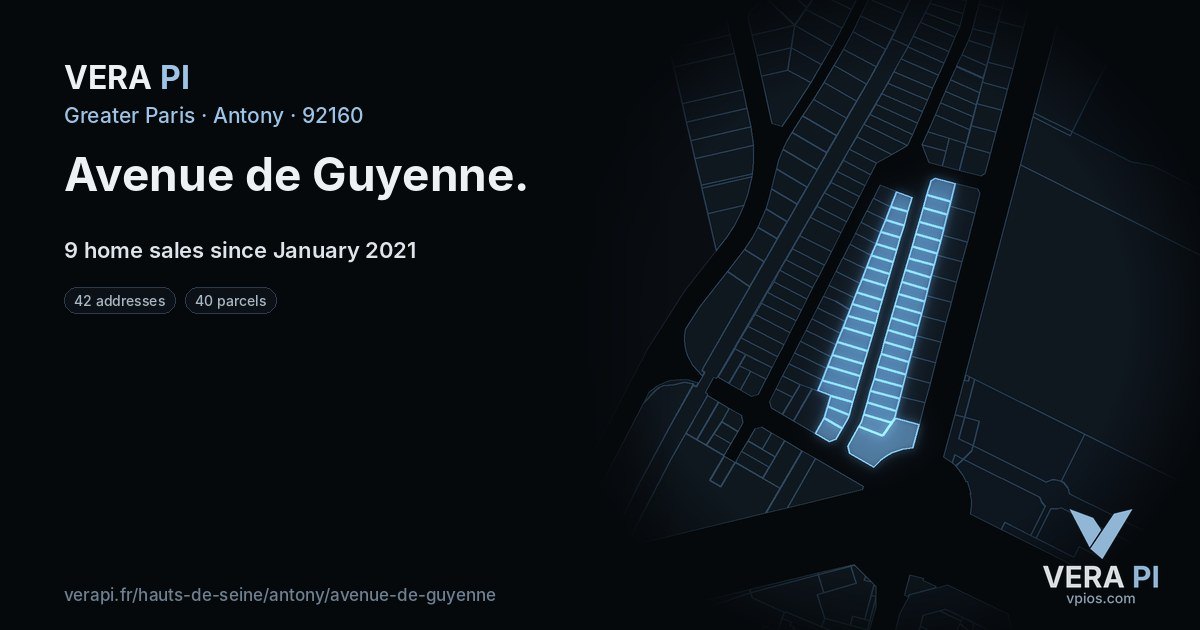 Avenue de Guyenne, Antony at night – every parcel coloured by the prices around it, the street's own parcels lit