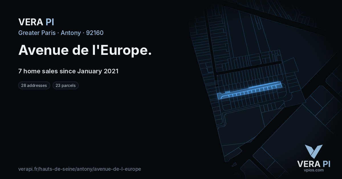 Avenue de l'Europe, Antony at night – every parcel coloured by the prices around it, the street's own parcels lit