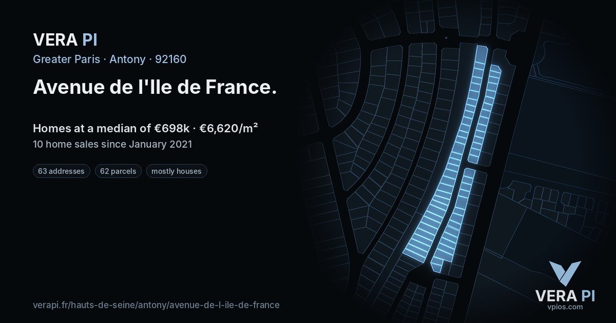 Avenue de l'Ile de France, Antony at night – every parcel coloured by the prices around it, the street's own parcels lit