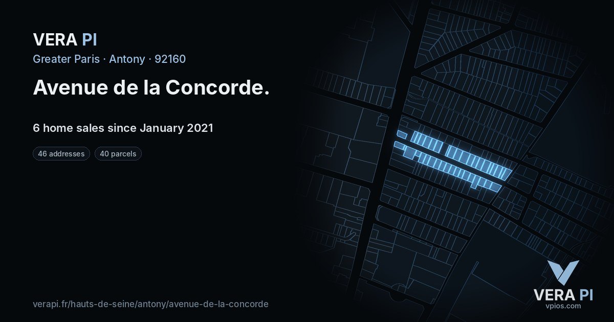 Avenue de la Concorde, Antony at night – every parcel coloured by the prices around it, the street's own parcels lit