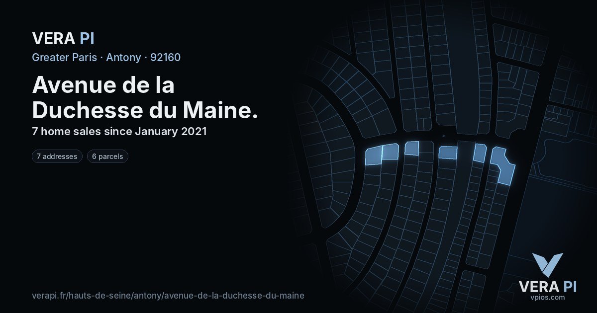Avenue de la Duchesse du Maine, Antony at night – every parcel coloured by the prices around it, the street's own parcels lit