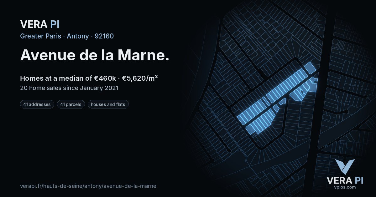 Avenue de la Marne, Antony at night – every parcel coloured by the prices around it, the street's own parcels lit