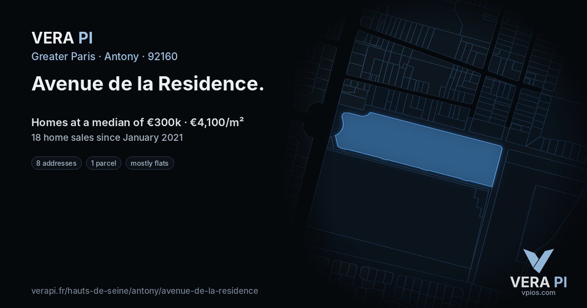 Avenue de la Residence, Antony at night – every parcel coloured by the prices around it, the street's own parcels lit