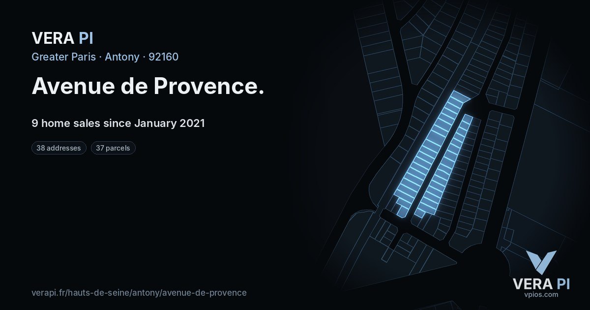 Avenue de Provence, Antony at night – every parcel coloured by the prices around it, the street's own parcels lit