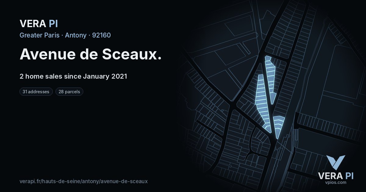 Avenue de Sceaux, Antony at night – every parcel coloured by the prices around it, the street's own parcels lit