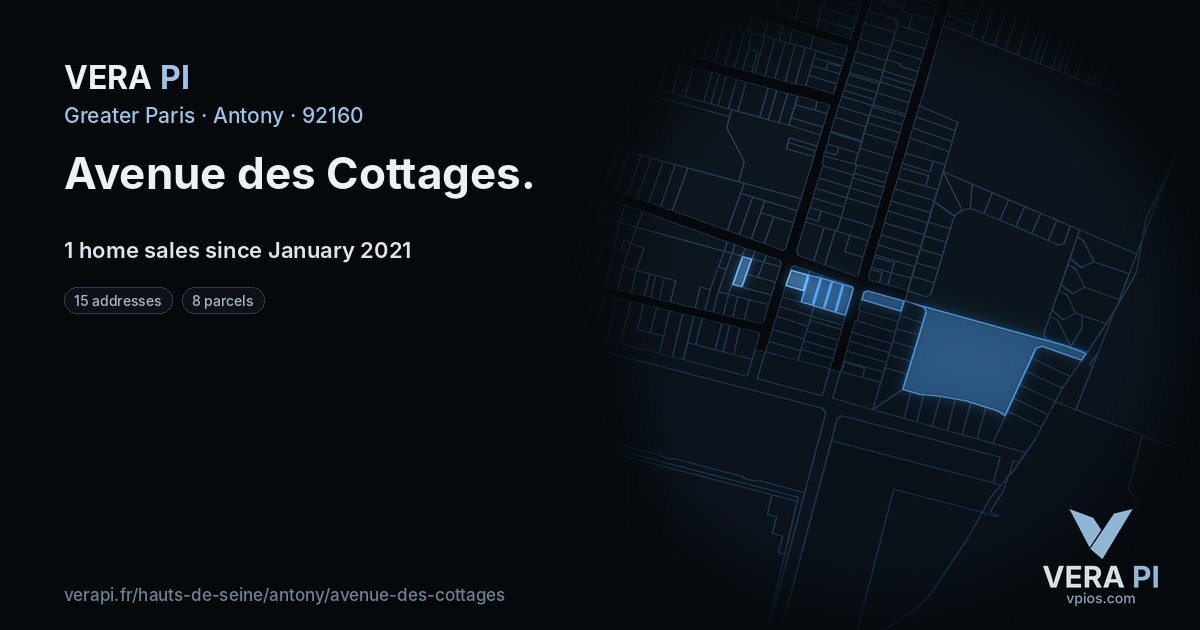 Avenue des Cottages, Antony at night – every parcel coloured by the prices around it, the street's own parcels lit